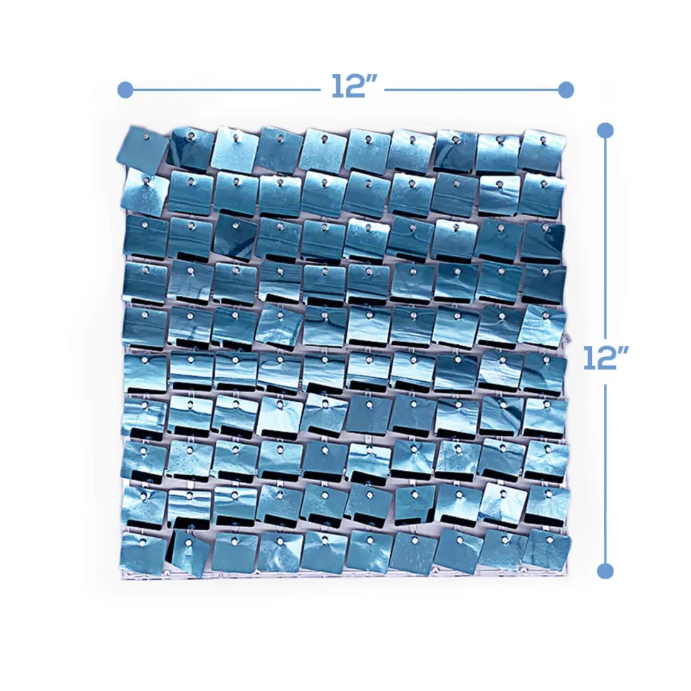 Easy Connect Shimmer Wall Panels w/ Transparent Grid Backing & Square Sequins - 12 Tiles - Light Blue