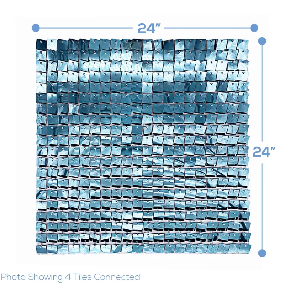 Easy Connect Shimmer Wall Panels w/ Transparent Grid Backing & Square Sequins - 12 Tiles - Light Blue
