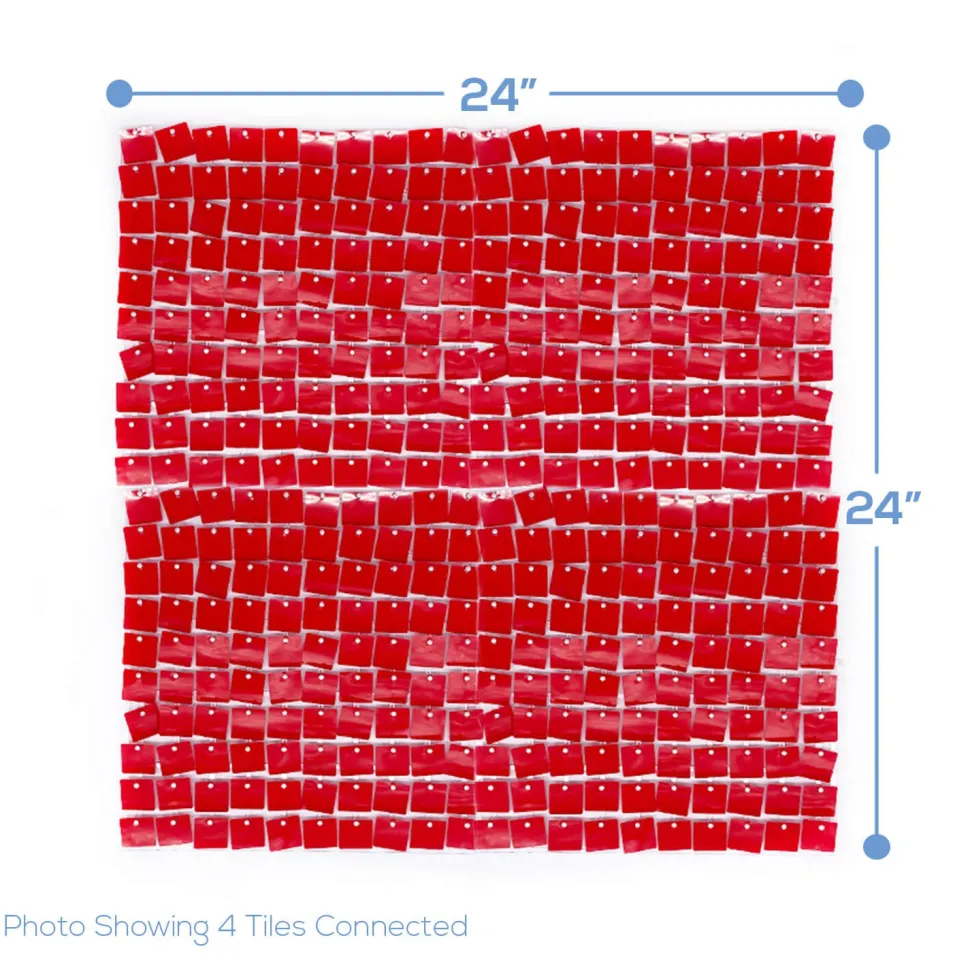 Easy Connect Shimmer Wall Panels w/ Transparent Grid Backing & Square Sequins - 12 Tiles - Red