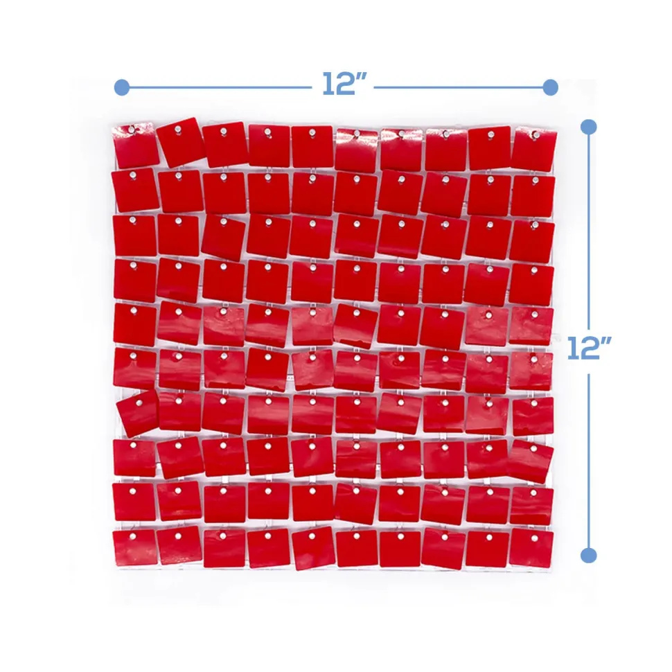 Easy Connect Shimmer Wall Panels w/ Transparent Grid Backing & Square Sequins - 12 Tiles - Red