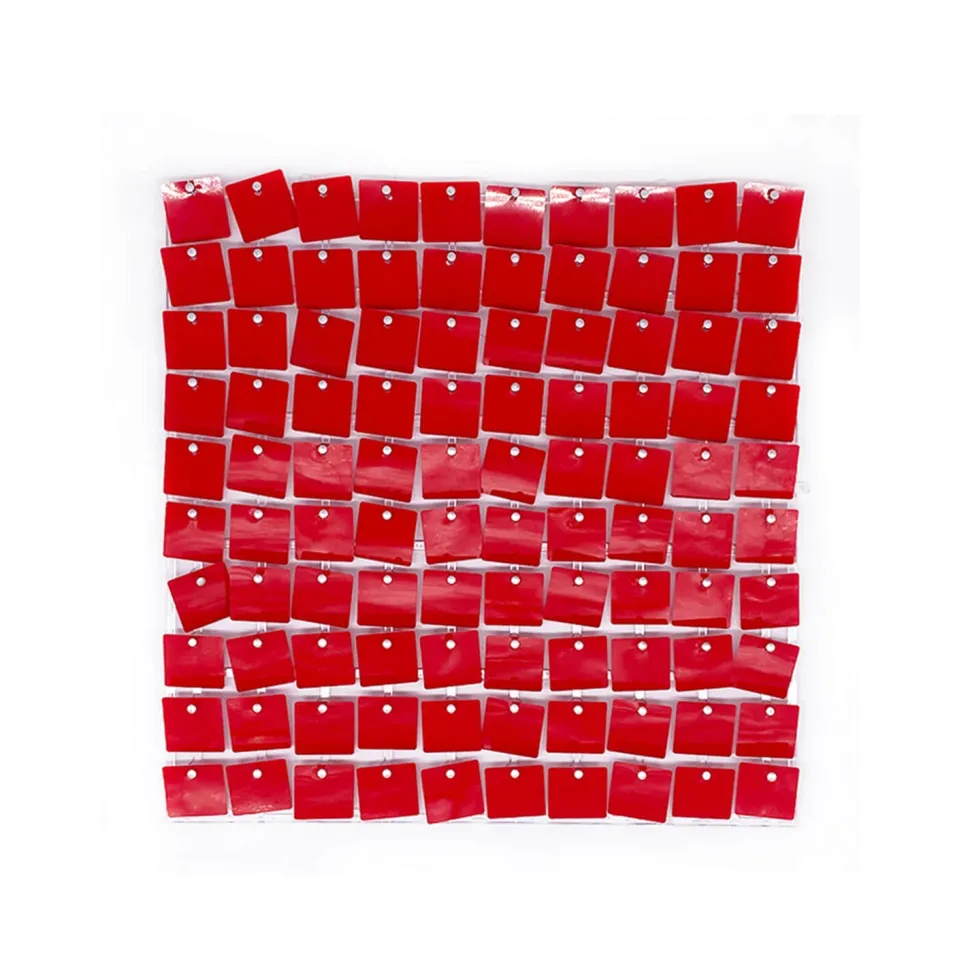 Easy Connect Shimmer Wall Panels w/ Transparent Grid Backing & Square Sequins - 12 Tiles - Red