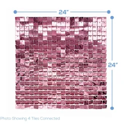 Easy Connect Shimmer Wall Panels w/ Transparent Grid Backing & Square Sequins - 12 Tiles - Rose Gold / Blush