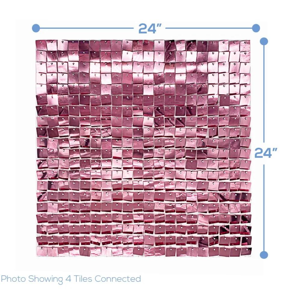 Easy Connect Shimmer Wall Panels w/ Transparent Grid Backing & Square Sequins - 12 Tiles - Rose Gold / Blush