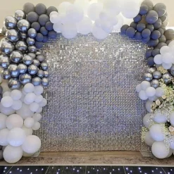 Easy Connect Shimmer Wall Panels w/ Transparent Grid Backing & Square Sequins - 12 Tiles - Silver