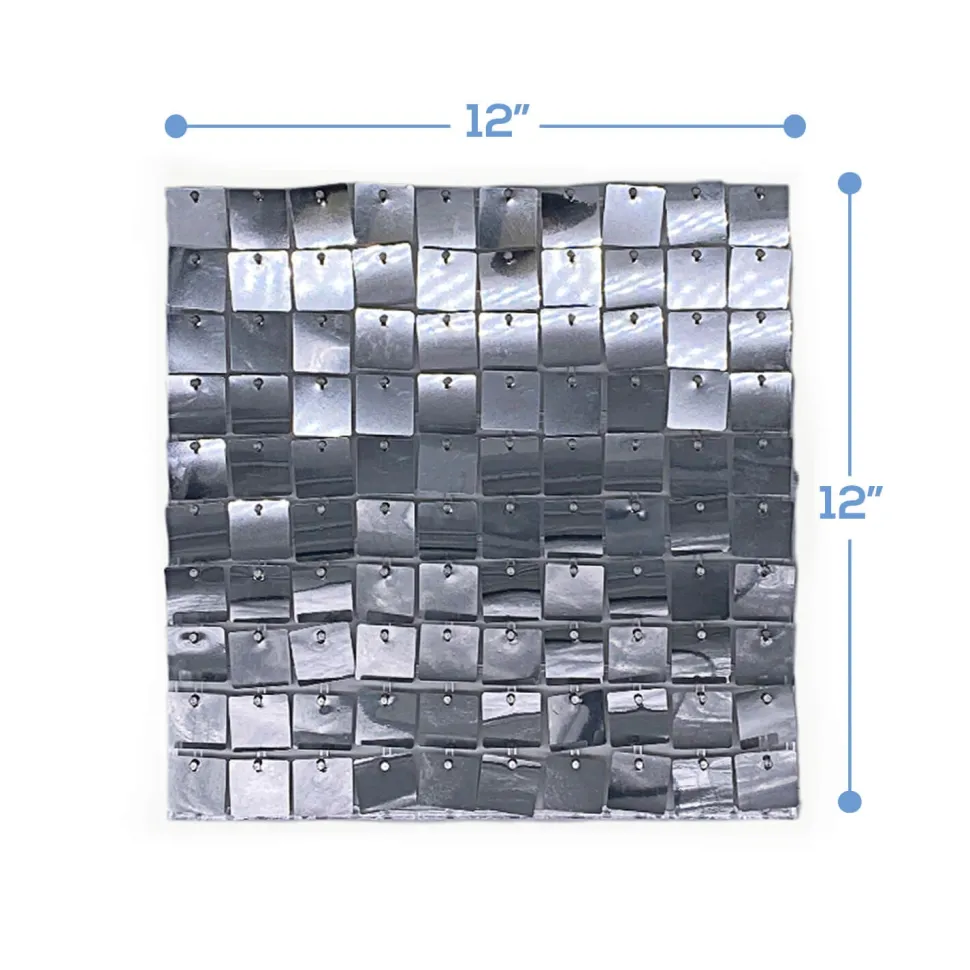 Easy Connect Shimmer Wall Panels w/ Transparent Grid Backing & Square Sequins - 12 Tiles - Silver