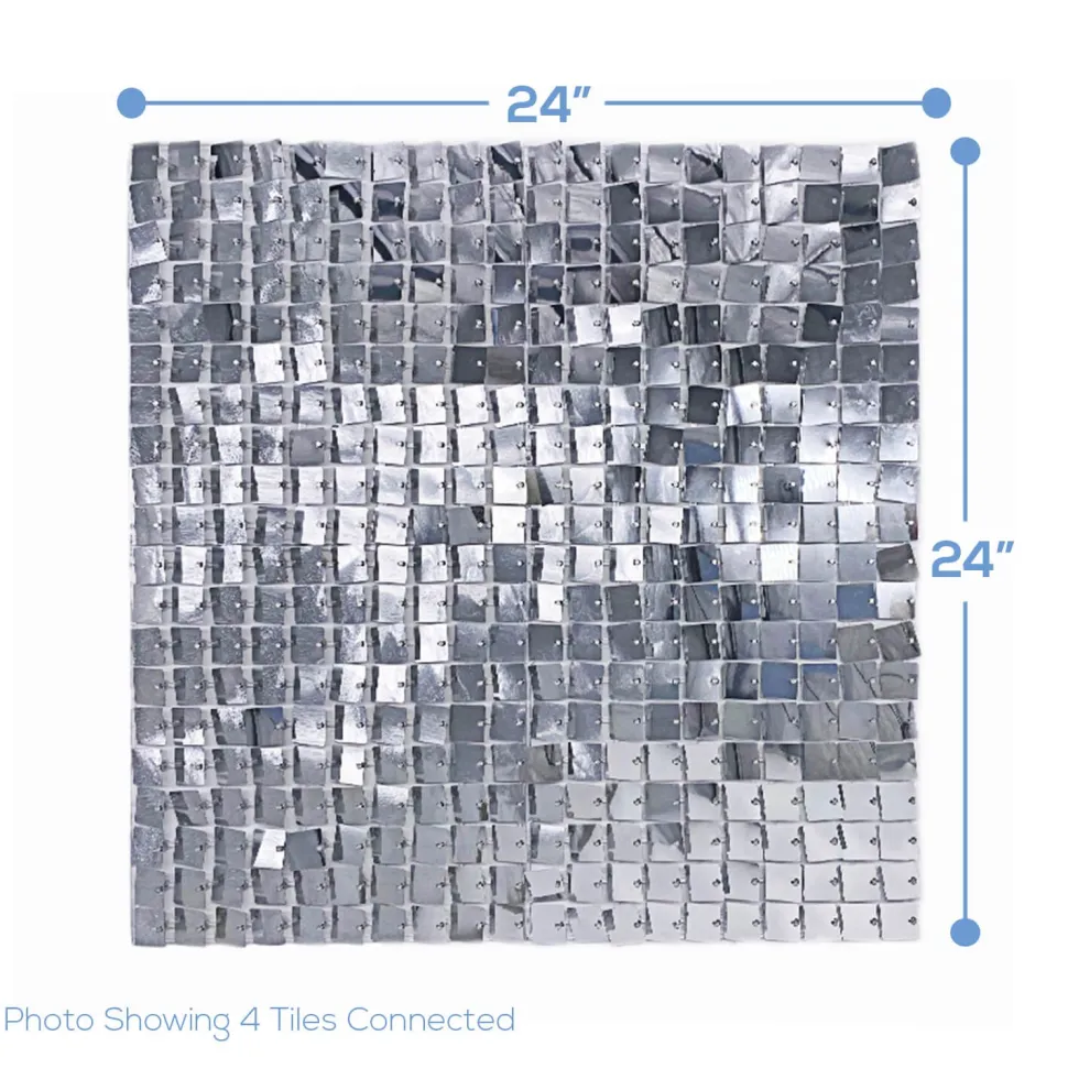 Easy Connect Shimmer Wall Panels w/ Transparent Grid Backing & Square Sequins - 12 Tiles - Silver