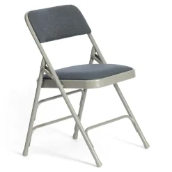 FirmFold™ Premium Triple-Braced Fabric Padded Metal Folding Chair - Grey with Navy Fabric