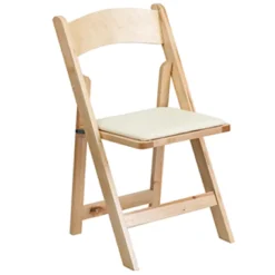 FirmFold™ Wood Folding Chair w/ Beige Vinyl Padded Seat - Natural Wood