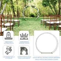 7.5ft Heavy Duty Gold Metal Double Hoop Wedding Arch – Round Photo Backdrop & Floral Balloon Frame