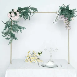3.5ft H x 6.5ft W – Gold Metal Over-the-Table Rod Stand with Adjustable Hanging Bar & Clamps
