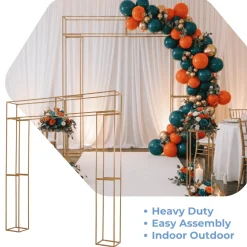 8ft H x 6.6ft W - Heavy Duty Gold Metal 3D Rectangular Wedding Arch – Floral & Balloon Backdrop Frame