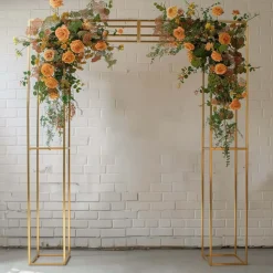 8ft H x 6.6ft W - Heavy Duty Gold Metal 3D Rectangular Wedding Arch – Floral & Balloon Backdrop Frame