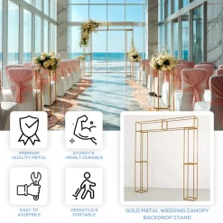 8ft H x 6.6ft W - Heavy Duty Gold Metal 3D Rectangular Wedding Arch – Floral & Balloon Backdrop Frame