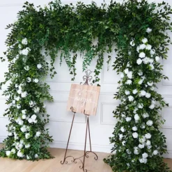 8ft LUXE White Rose, Green Willow Leaf & Wisteria Mixed Square Floral Arch with Optional Pipe Kit Frame