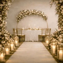 6ft W x 4ft H – Gold Metal Over-the-Table Rod Stand with Round Top Balloon & Floral Arch and Clamps