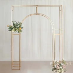 6ft W x 8ft H - Heavy Duty Gold Metal Rectangular Wedding Arch – Arc de Triomphe 3D Floral & Balloon Backdrop Frame