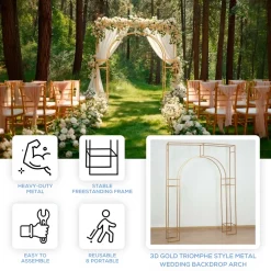 6ft W x 8ft H - Heavy Duty Gold Metal Rectangular Wedding Arch – Arc de Triomphe 3D Floral & Balloon Backdrop Frame