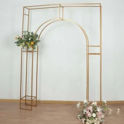 6ft W x 8ft H - Heavy Duty Gold Metal Rectangular Wedding Arch – Arc de Triomphe 3D Floral & Balloon Backdrop Frame