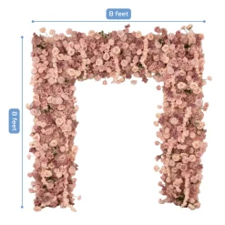 8ft x 8ft Dusty Rose Roll-Up Flower Backdrop for Arch Stand – Silk Roses, Hydrangeas & Chrysanthemums with Fabric Backing
