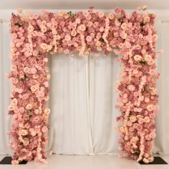 8ft x 8ft Dusty Rose Roll-Up Flower Backdrop for Arch Stand – Silk Roses, Hydrangeas & Chrysanthemums with Fabric Backing
