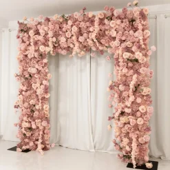 8ft x 8ft Dusty Rose Roll-Up Flower Backdrop for Arch Stand – Silk Roses, Hydrangeas & Chrysanthemums with Fabric Backing