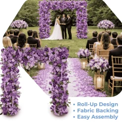 8ft x 8ft Lavender Lilac Roll-Up Floral Backdrop for Arch Stand – Silk Roses, Hydrangeas & Chrysanthemums with Fabric Backing