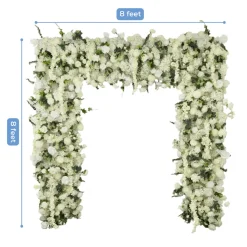 8ft x 8ft White Roll-Up Flower Backdrop for Arch Stand – Silk Roses, Hydrangeas & Chrysanthemums with Fabric Backing