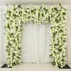 8ft x 8ft White Roll-Up Flower Backdrop for Arch Stand – Silk Roses, Hydrangeas & Chrysanthemums with Fabric Backing