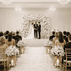 8ft x 8ft White Roll-Up Flower Backdrop for Arch Stand – Silk Roses, Hydrangeas & Chrysanthemums with Fabric Backing