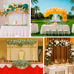 Gold Freestanding Over-the-Table Rod Stand, 3D Rectangular Double Frame for Floral & Balloon Décor - 5ft Length x 4ft Height