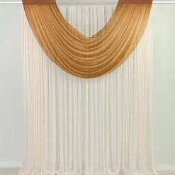 Gold Sheer Chiffon Valance Curtain – Curved Backdrop Swag Topper with Rod Pocket (4ft Wide x 4ft, 5ft, 6ft Height Options)