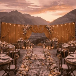 Gold Sheer Chiffon Valance Curtain – Curved Backdrop Swag Topper with Rod Pocket (4ft Wide x 4ft, 5ft, 6ft Height Options)