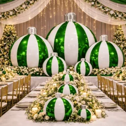 Green Giant Inflatable Striped Ornament Sphere – Maxorb™ Reflective Holiday Ceiling Decor – Commercial Installation Sizes