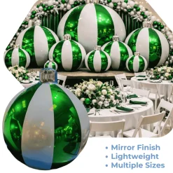 Green Giant Inflatable Striped Ornament Sphere – Maxorb™ Reflective Holiday Ceiling Decor – Commercial Installation Sizes