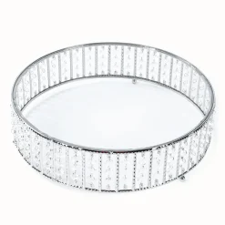 14 Inches Round – Crystal Cake Stand with Hanging Bead Accents & Glass Top (Gold or Silver Metal Options)