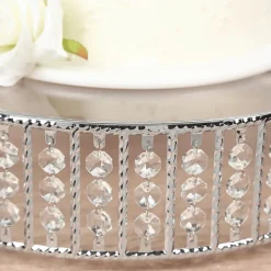 14 Inches Round – Crystal Cake Stand with Hanging Bead Accents & Glass Top (Gold or Silver Metal Options)