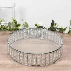 14 Inches Round – Crystal Cake Stand with Hanging Bead Accents & Glass Top (Gold or Silver Metal Options)