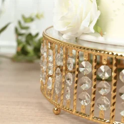 14 Inches Round – Crystal Cake Stand with Hanging Bead Accents & Glass Top (Gold or Silver Metal Options)