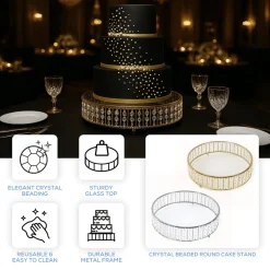 14 Inches Round – Crystal Cake Stand with Hanging Bead Accents & Glass Top (Gold or Silver Metal Options)