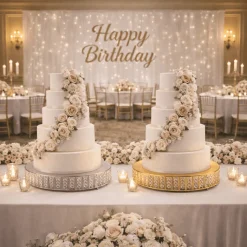 14 Inches Round – Crystal Cake Stand with Hanging Bead Accents & Glass Top (Gold or Silver Metal Options)