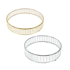 14 Inches Round – Crystal Cake Stand with Hanging Bead Accents & Glass Top (Gold or Silver Metal Options)