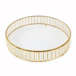 14 Inches Round – Crystal Cake Stand with Hanging Bead Accents & Glass Top (Gold or Silver Metal Options)