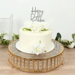 14 Inches Round – Crystal Cake Stand with Hanging Bead Accents & Glass Top (Gold or Silver Metal Options)