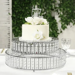 14 Inches Round – Crystal Cake Stand with Hanging Bead Accents & Glass Top (Gold or Silver Metal Options)