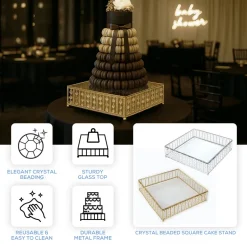 14 Inches Square – Crystal Cake Stand with Hanging Bead Accents & Glass Top (Gold or Silver Metal Options)