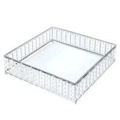 14 Inches Square – Crystal Cake Stand with Hanging Bead Accents & Glass Top (Gold or Silver Metal Options)