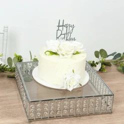 14 Inches Square – Crystal Cake Stand with Hanging Bead Accents & Glass Top (Gold or Silver Metal Options)