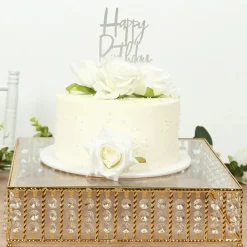14 Inches Square – Crystal Cake Stand with Hanging Bead Accents & Glass Top (Gold or Silver Metal Options)