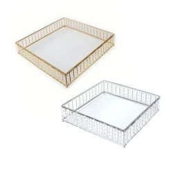 14 Inches Square – Crystal Cake Stand with Hanging Bead Accents & Glass Top (Gold or Silver Metal Options)