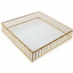 14 Inches Square – Crystal Cake Stand with Hanging Bead Accents & Glass Top (Gold or Silver Metal Options)